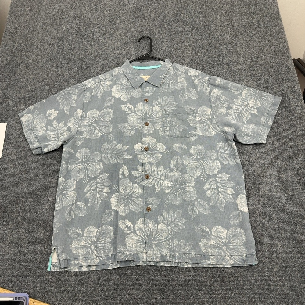 Tommy Bahama Button Up Shirt Mens XL Blue Silk Floral Hibiscus Tropical Summer